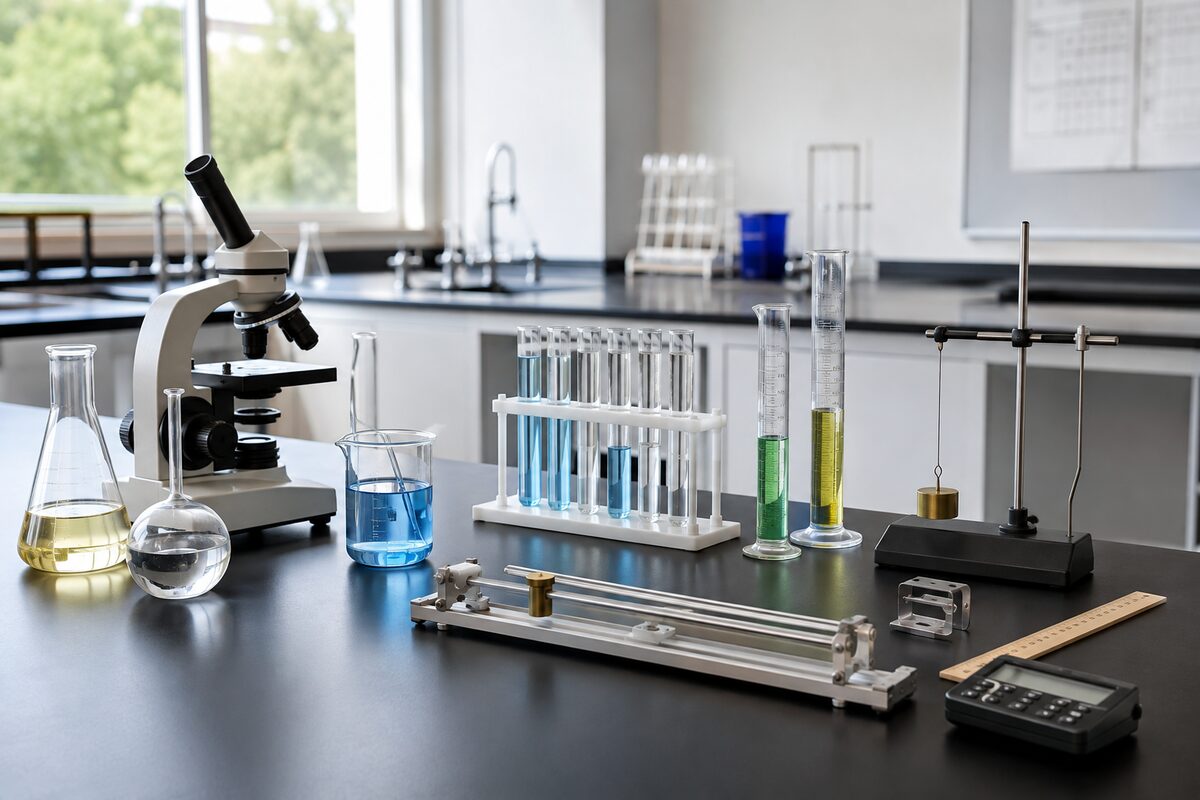 Laboratory glassware, microscope and physics equipment for a school science lab