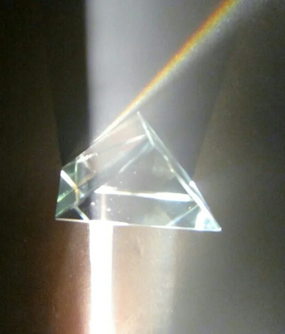 Triangular transparent glass prism for optics demonstrations