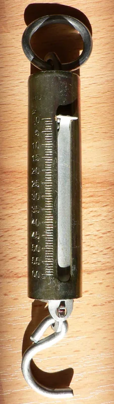 Hanging spring balance with a scale and lower hook