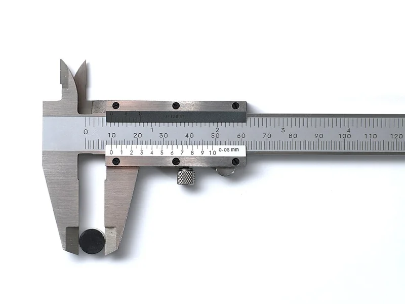 Close view of a vernier caliper and its measurement scale
