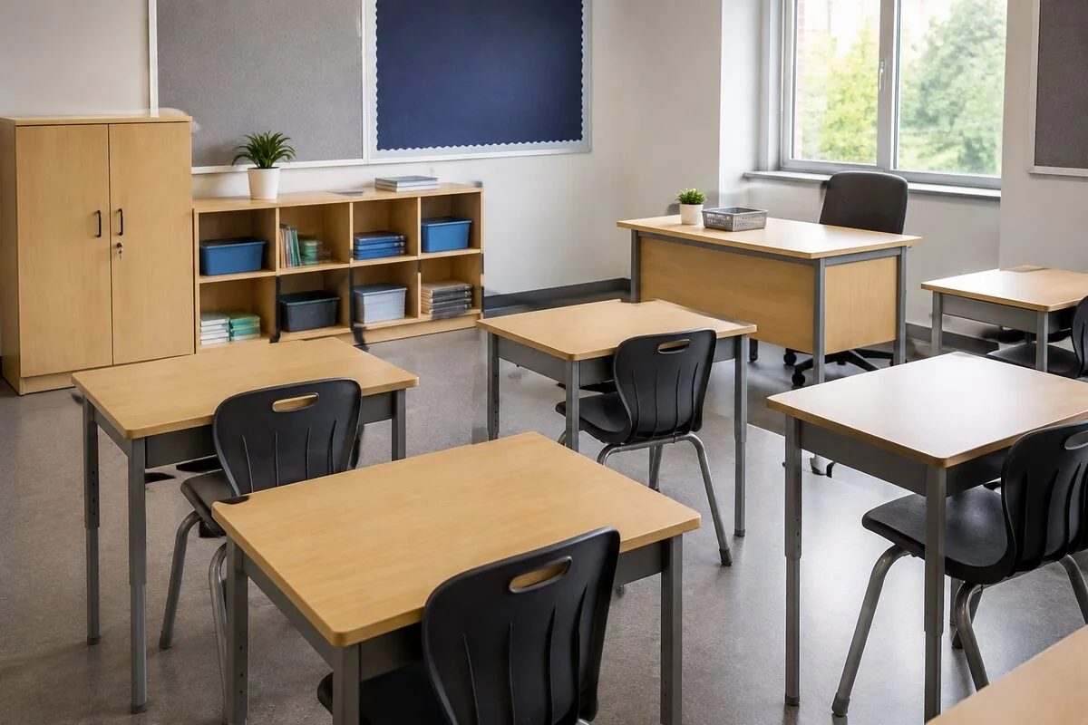 Student desks, chairs, teacher table and storage for a school classroom