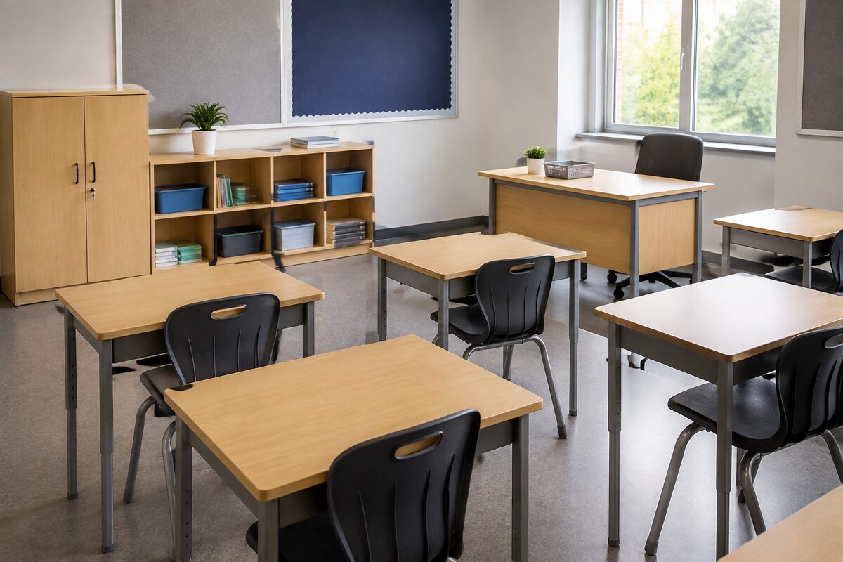 Student desks, chairs, teacher table and storage for a school classroom