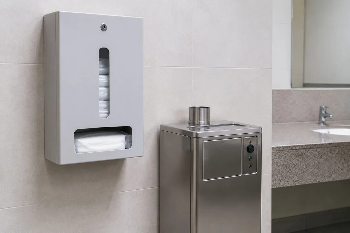 Wall-mounted menstrual-pad dispenser and institutional sanitary-waste incinerator